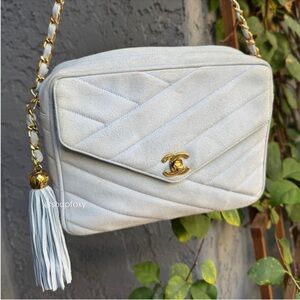 Chanel 90s Vintage Suede Quilted Camera Shoulder Bag